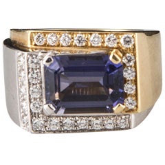 Vintage Contemporary Two Color Gold Geometric Ring with Iolite and Diamonds