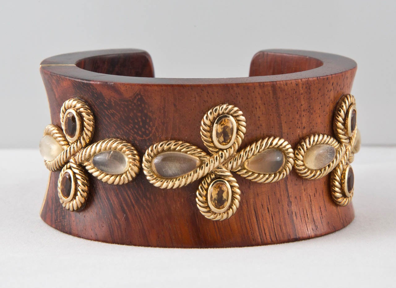 Wide Wooden Cuff Bracelet With Cabochon And Faceted Citrines