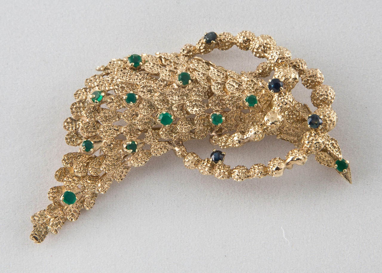 Modern Gold Cast Abstract Brooch with Green Onyx and Sapphires