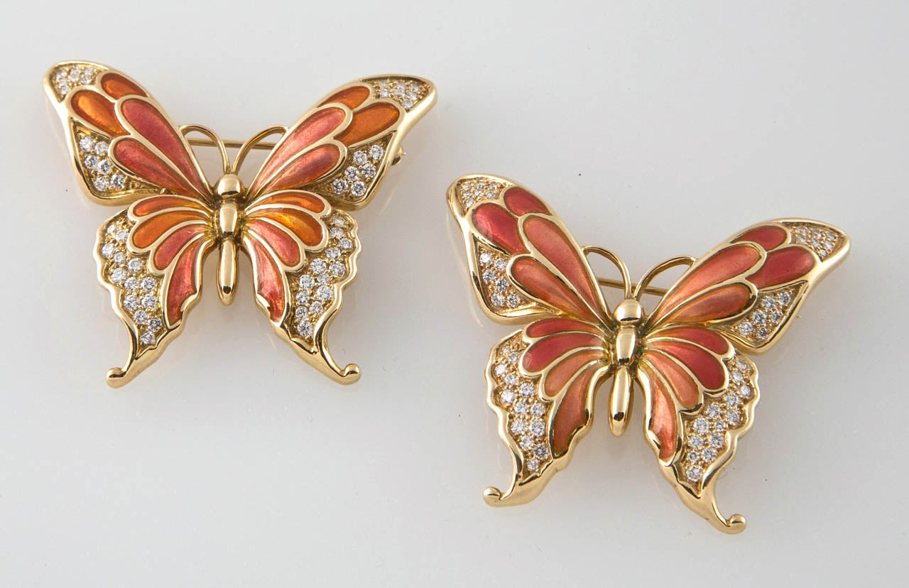 Pair Of Enamel Diamond Butterfly Brooches