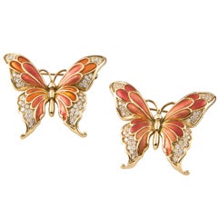 Retro Pair Of Enamel Diamond Butterfly Brooches