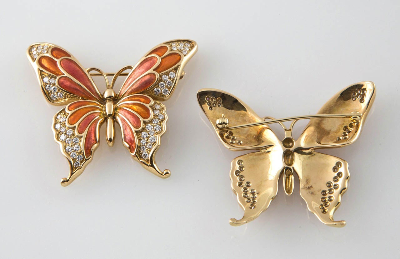 Pair Of Enamel Diamond Butterfly Brooches For Sale at 1stDibs