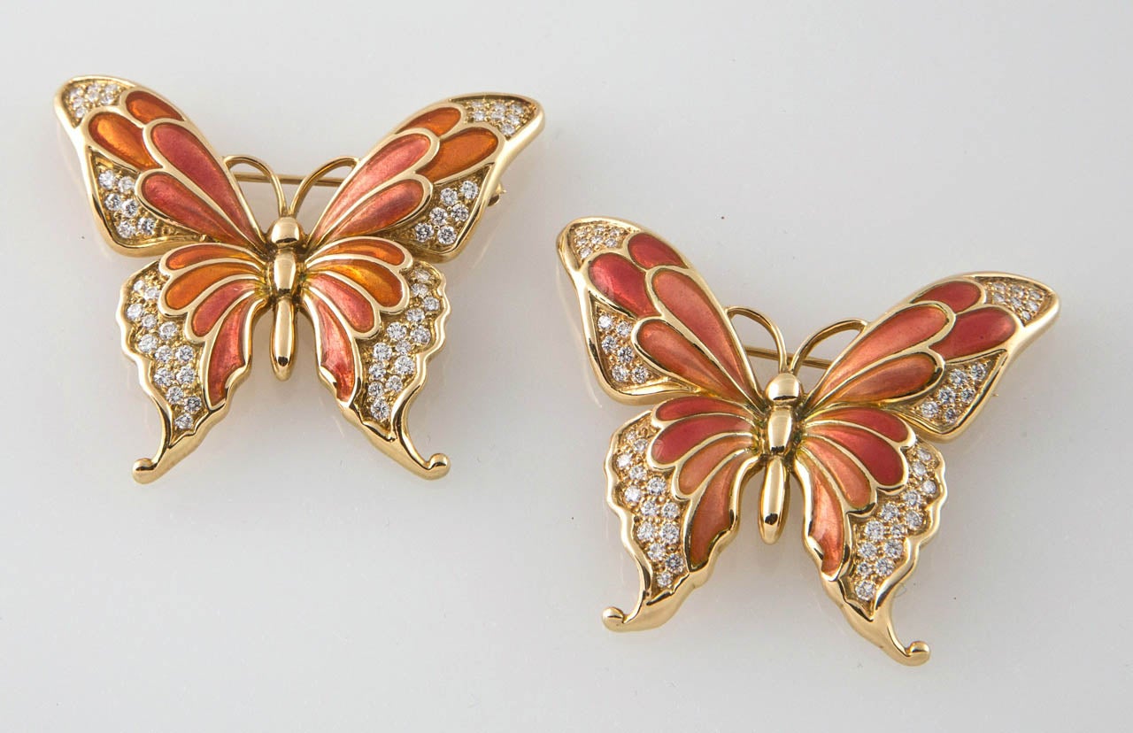 Pair Of Enamel Diamond Butterfly Brooches For Sale at 1stDibs