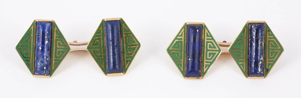 French cufflinks set Lapis Lazuli and green enamel,mounted in 18ct gold

c,1920