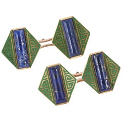 Art Deco French  Lapis Lazuli and green enamel gold cufflinks