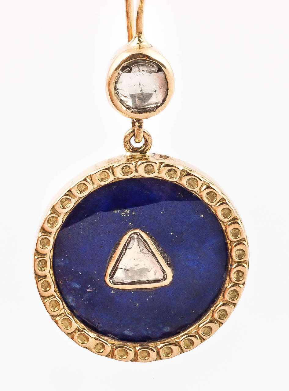 Women's Lapis Triangle Polki Diamond Earrings For Sale