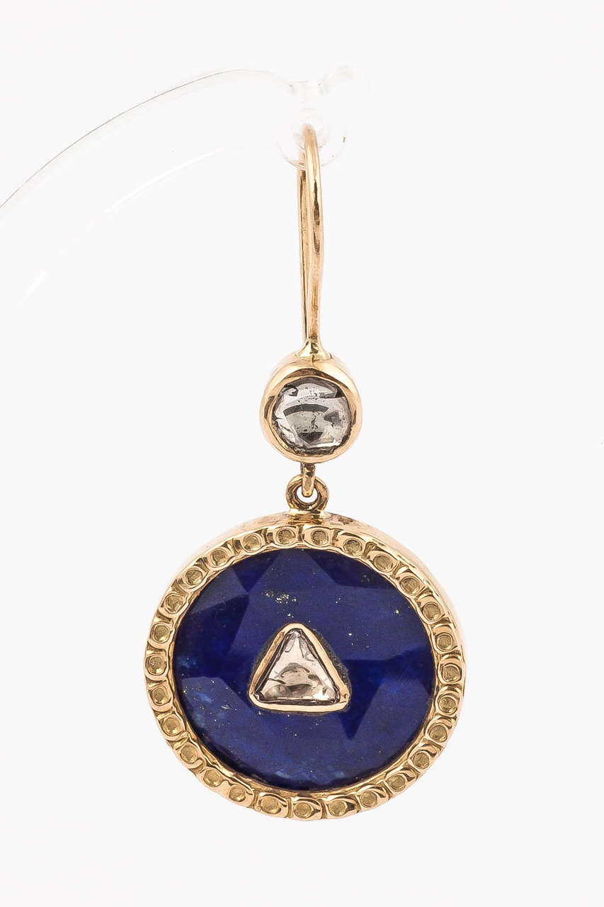 Lapis Triangle Polki Diamond Earrings For Sale 1