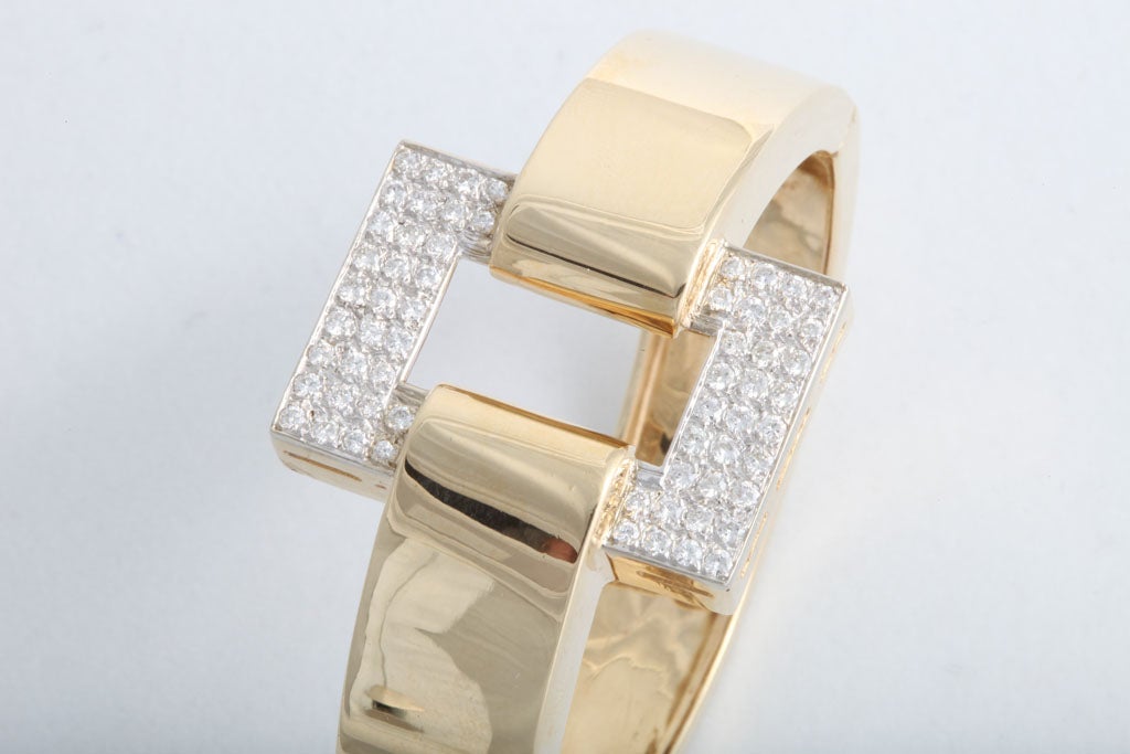Round Cut Great 1970s Geometric Bangle with Pave Diamond Rectangle For Sale