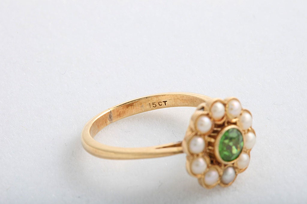 Victorian Demantoid Garnet and Pearl Ring In Good Condition In Miami Beach, FL