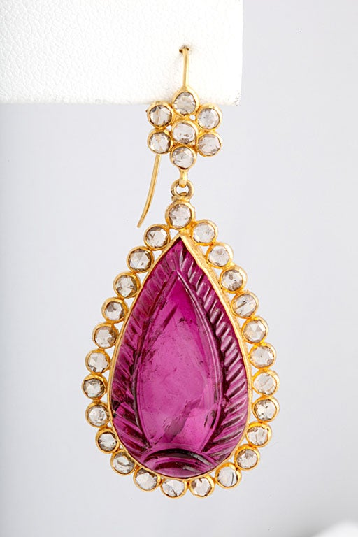 Contemporary Dramatic Carved Rubelite Diamond Gold Drop Earrings