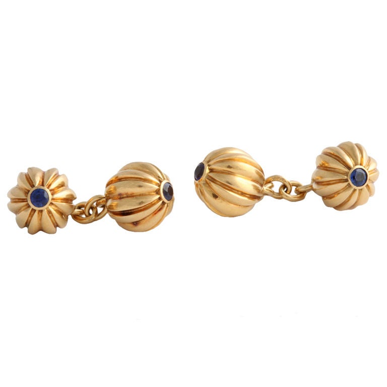 Cartier Gold and Sapphire Melon- Shaped Cufflinks For Sale