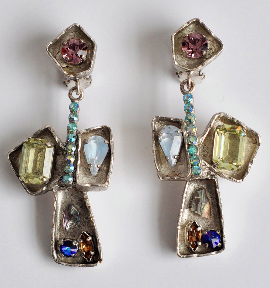Bold, sculptural drop earrings by LACROIX reflecting his innovative combination of materials.