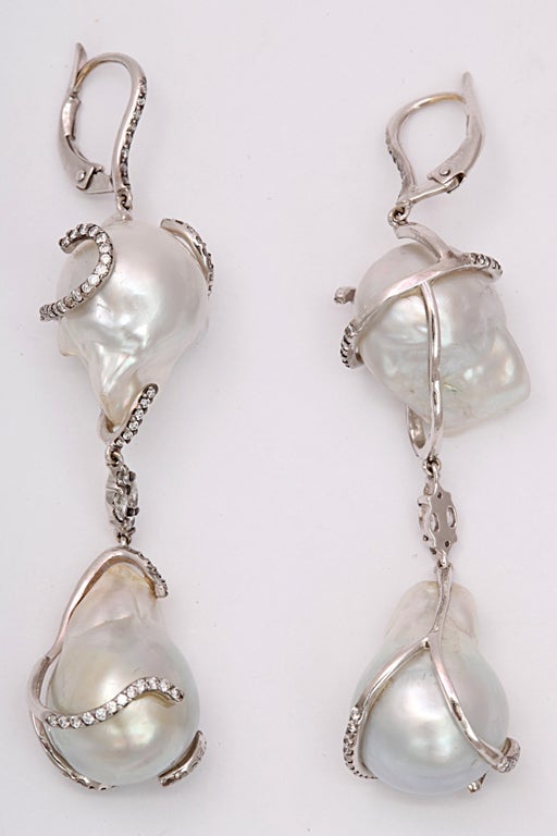Contemporary Baroque Pearl Mermaid Drop Earrings For Sale