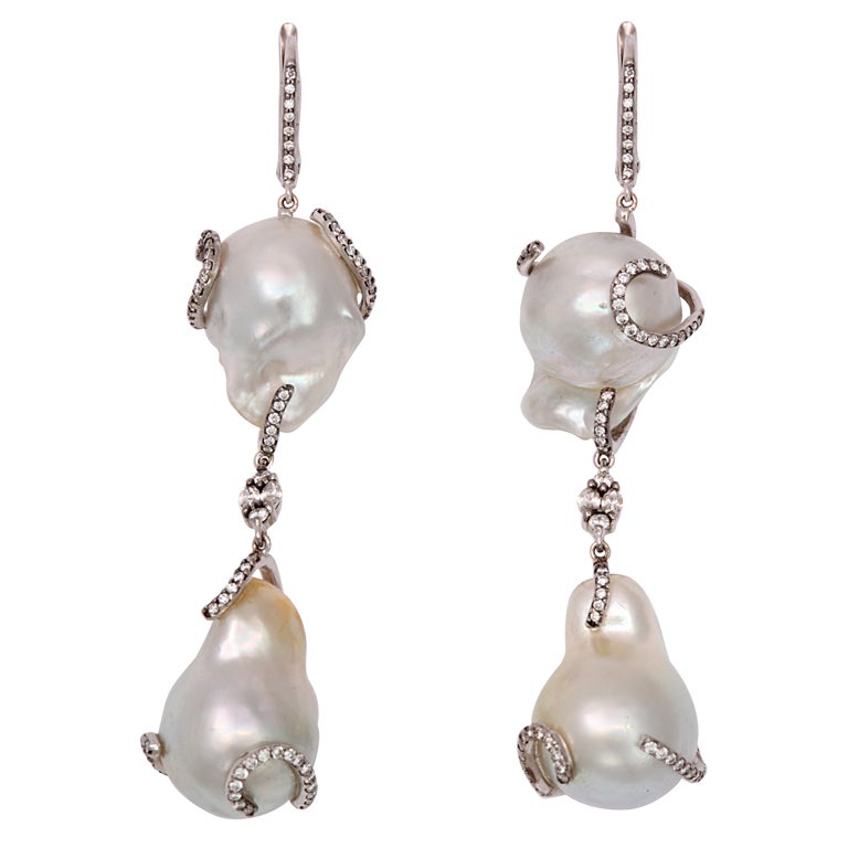 Baroque Pearl Mermaid Drop Earrings For Sale