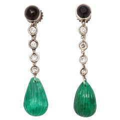 Art Deco Carved Emerald Onyx Diamond Platinum Earrings