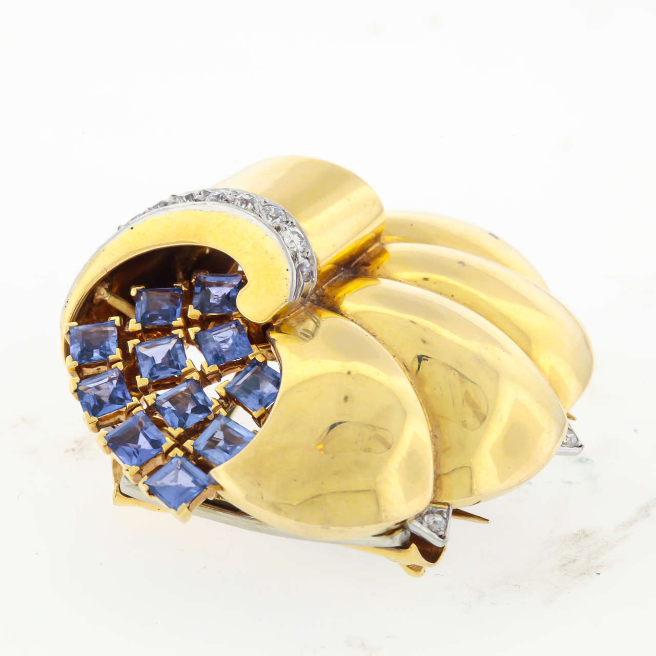 Women's Mauboussin Retro Reflection Sapphire Diamond Gold Clip Brooch For Sale
