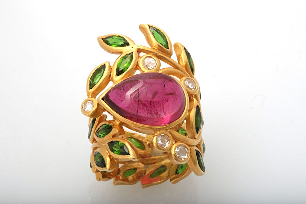 Contemporary Tourmaline, Tsavorite and Diamond Flower Ring