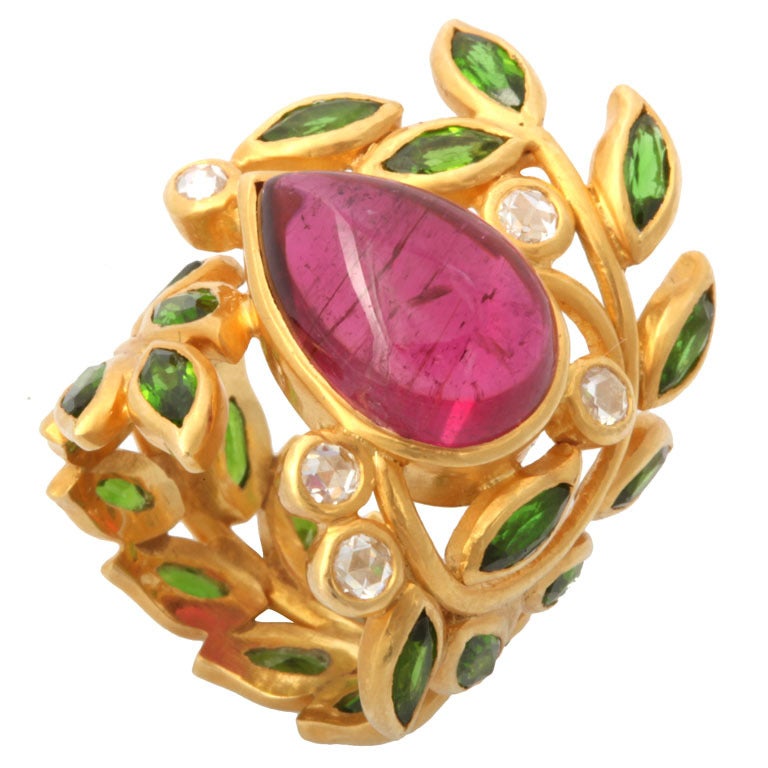 Tourmaline, Tsavorite and Diamond Flower Ring