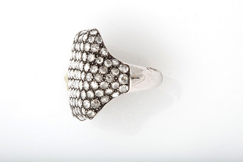 Contemporary Rose Cut Diamond White Gold Shield Ring For Sale