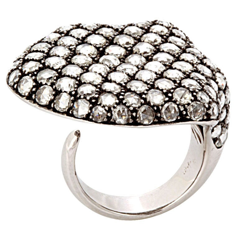 Rose Cut Diamond White Gold Shield Ring For Sale