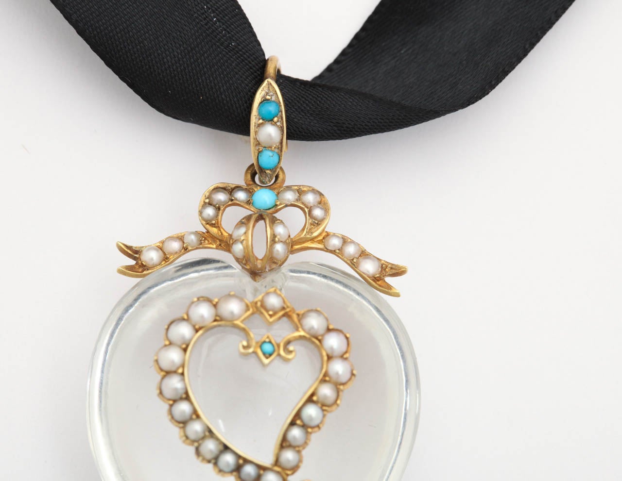 Victorian Pure Rock Crystal Natural Pearl Turquoise Double Heart Pendant  In Excellent Condition In Stamford, CT