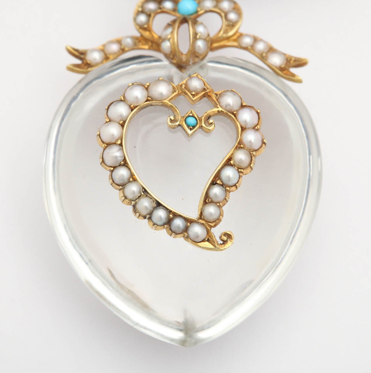 Women's Victorian Pure Rock Crystal Natural Pearl Turquoise Double Heart Pendant 