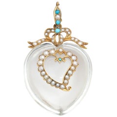 Victorian Pure Rock Crystal Natural Pearl Turquoise Double Heart Pendant 