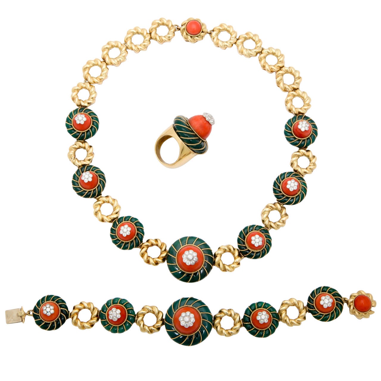 Garrard 
Co. Coral Diamond Green Onyx Gold Necklace Bracelet Ring Set Suite For Sale