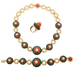 Garrard & Co. Coral Diamond Green Onyx Gold Necklace Bracelet Ring Set Suite