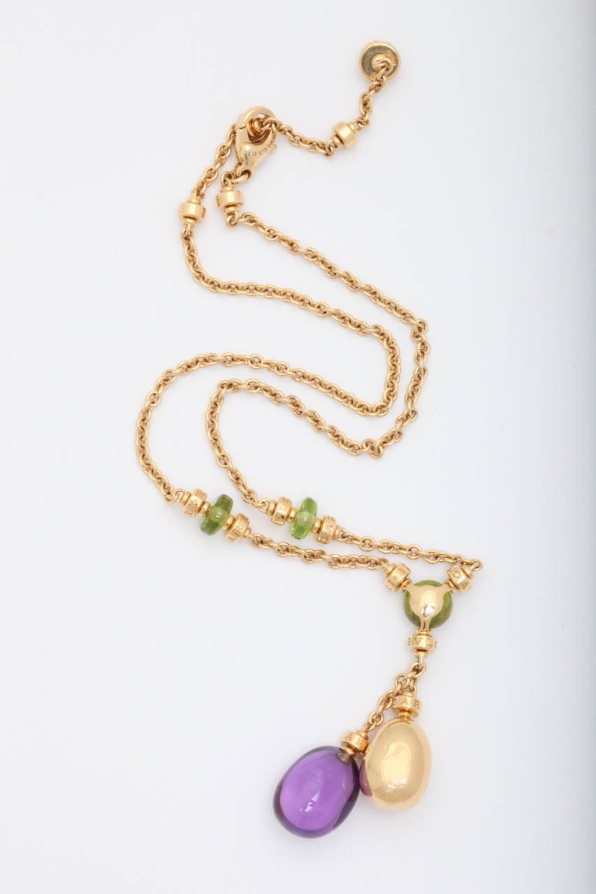 B.ZERO1 tear pendant chain necklace in 18kt yellow gold with peridot, amethyst and diamond. 
Length - 17 1/2