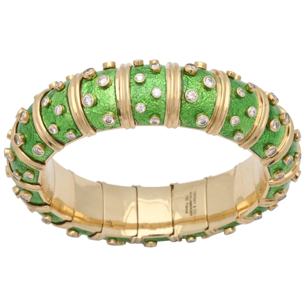 Tiffany & Co. Schlumberger Enamel Diamond Gold Bangle Bracelet For Sale