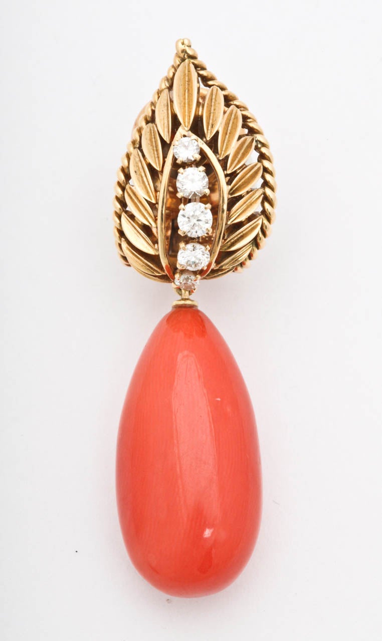 Van Cleef & Arpels Diamond Coral Gold Earrings. 

Length - 2