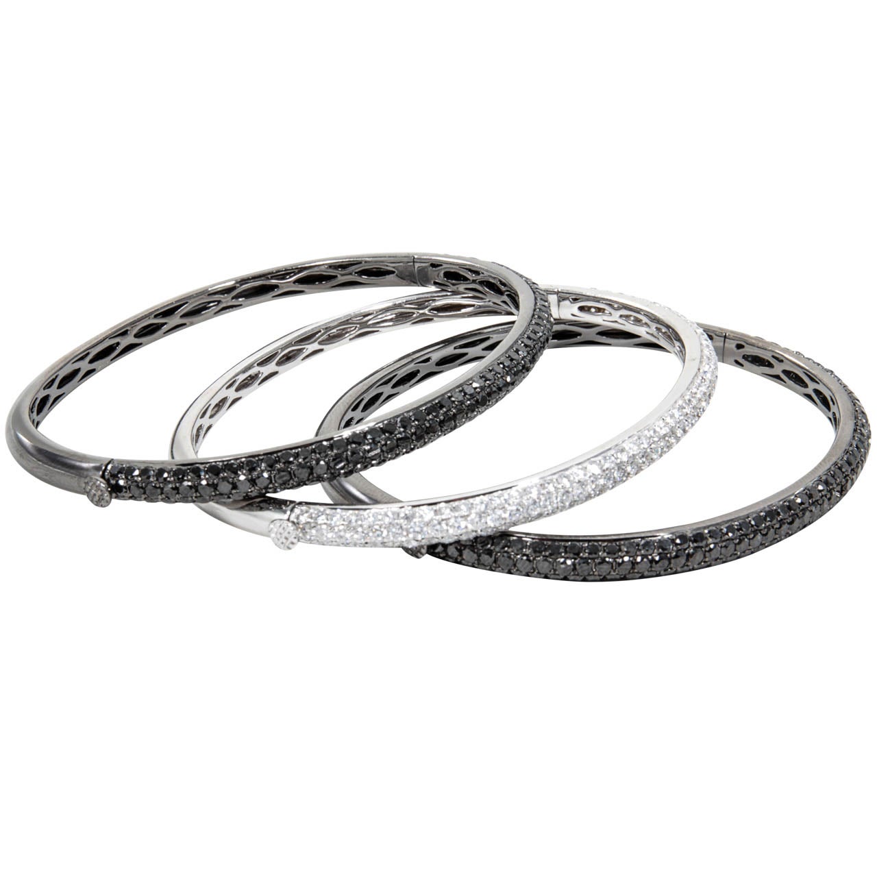 Set of Black and White Diamond Bangle Bracelets For Sale