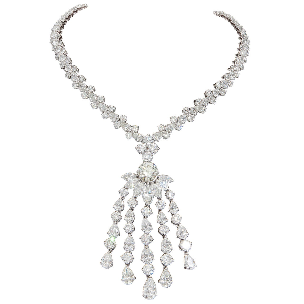 Important Diamond Tassel Necklace Set in Platinum