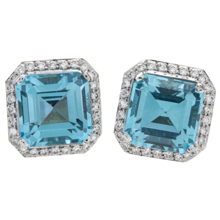 Stunning Blue Topaz Squared Diamond Earrings For Sale at 1stDibs