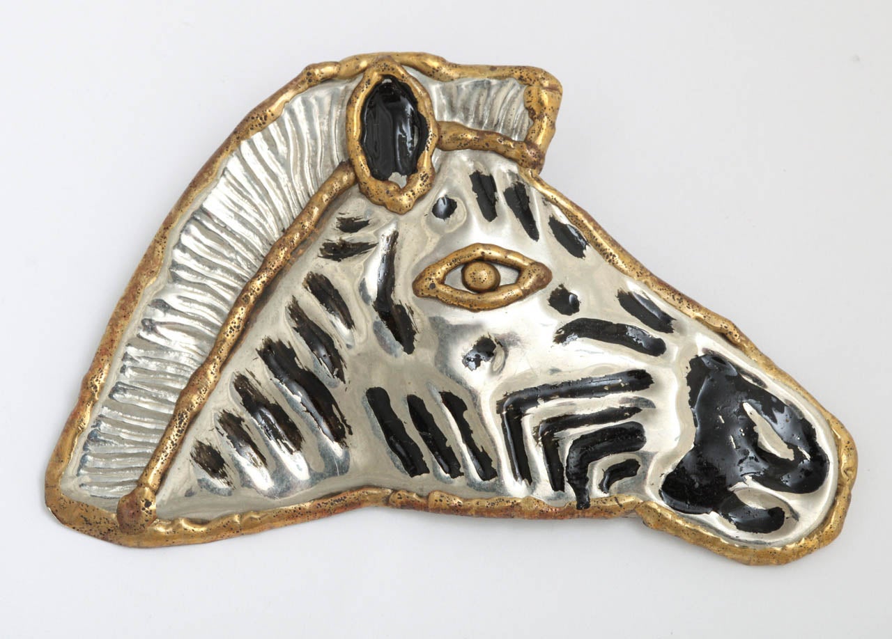 Charming handmade tin and brass Zebra head brooch with hook to hang as a pendant necklace.