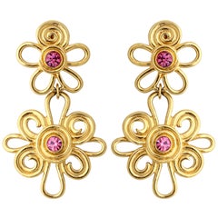 Vintage Double Daisy Gold Tone Earrings, Costume Jewelry