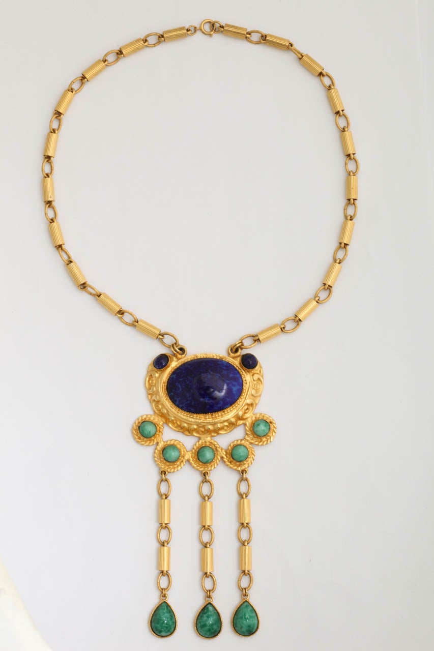 Elaborate Byzantine style faux jade and faux lapis lazuli necklace. Chains are 10