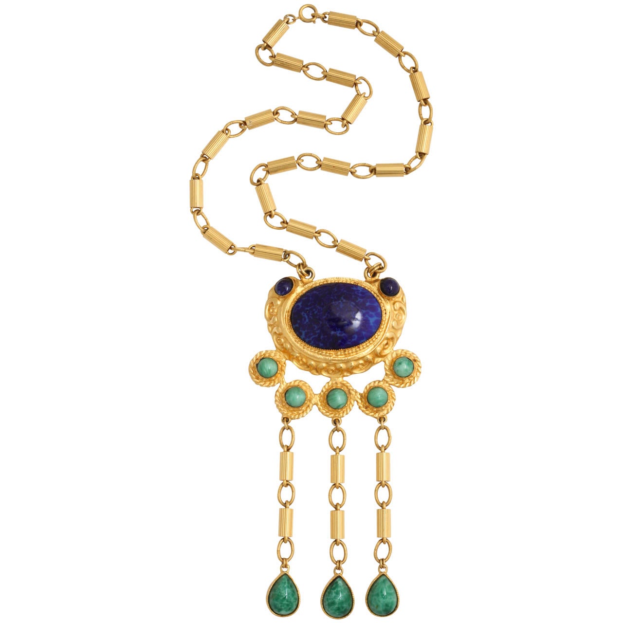 Gold Tone Byzantine "Jade" & "Lapis" Necklace, Costume Jewelry For Sale