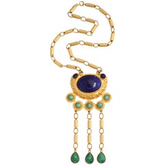 Gold Tone Byzantine "Jade" & "Lapis" Necklace, Costume Jewelry