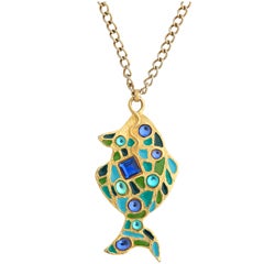 Vintage Blue Green Fish Pendant Necklace