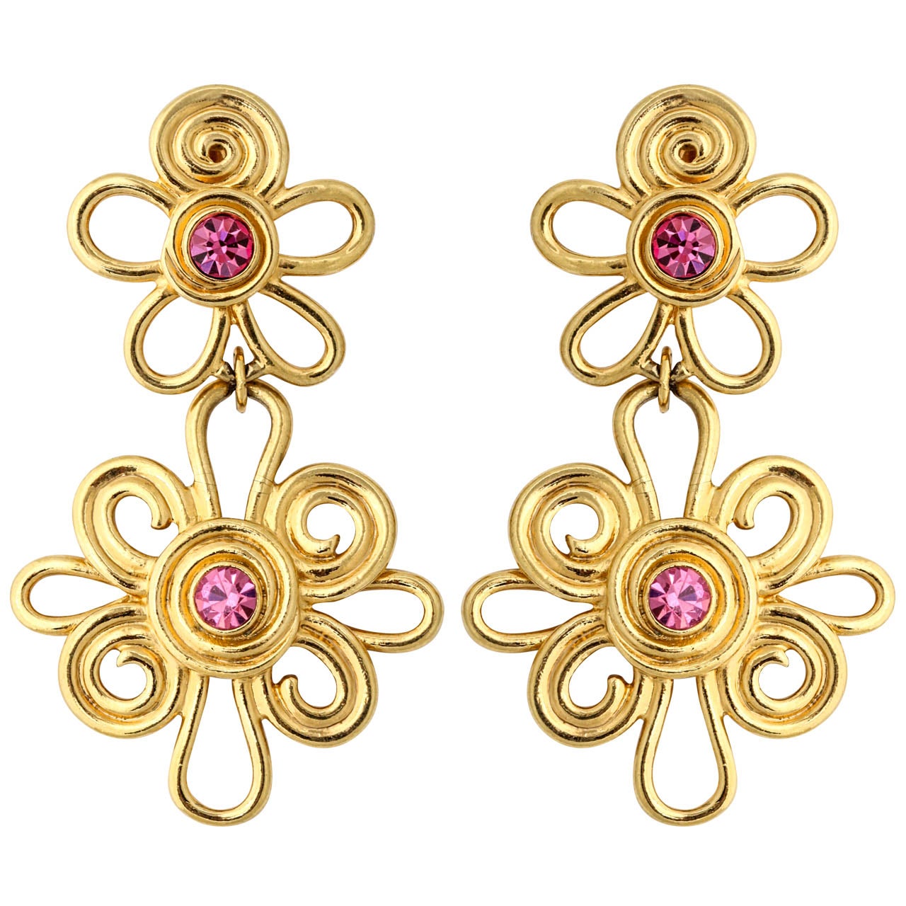 Double Daisy Gold Tone Earrings, Costume Jewelry For Sale at 1stDibs