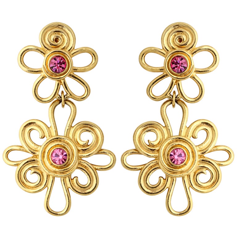 Double Daisy Gold Tone Earrings, Costume Jewelry For Sale at 1stDibs