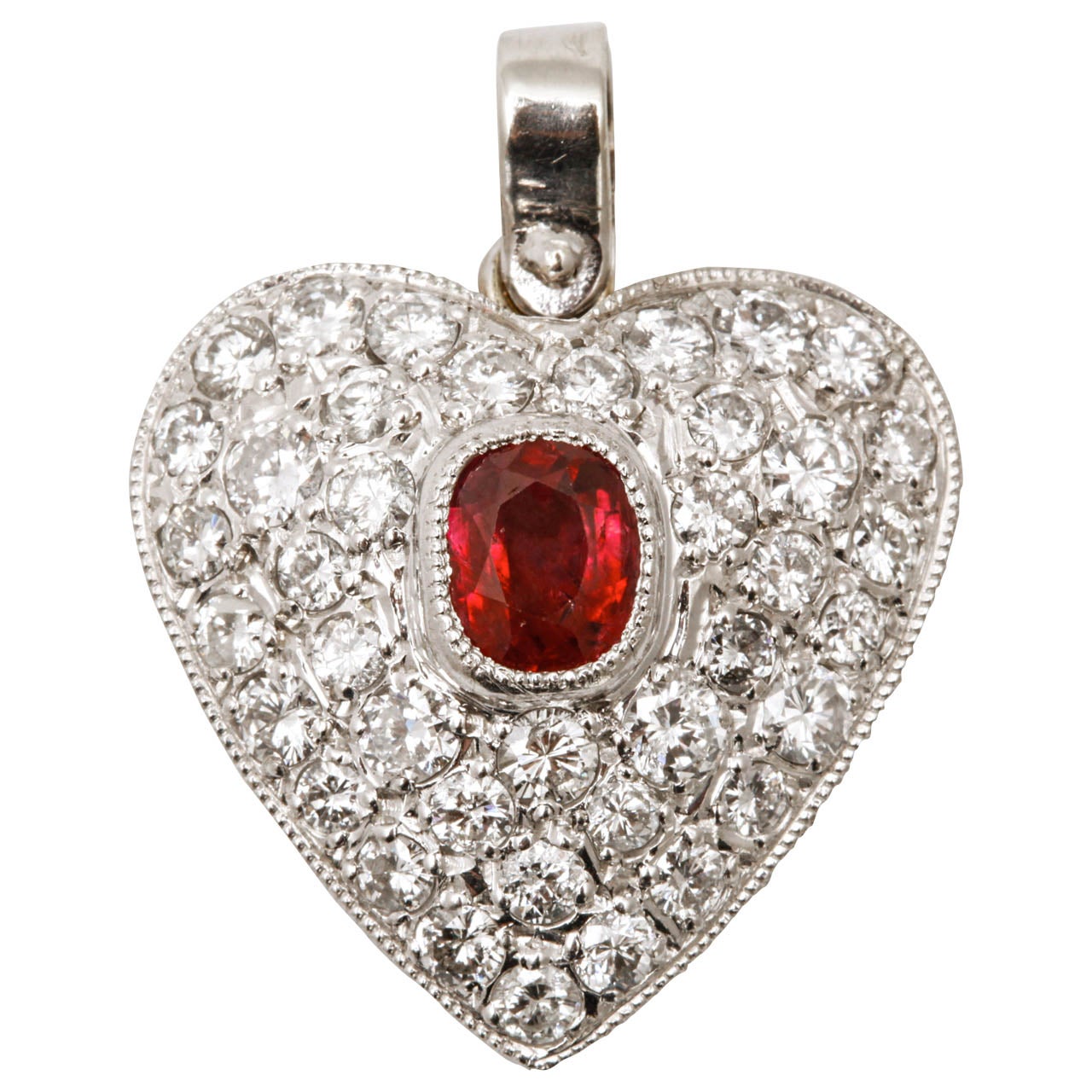 A Ruby Diamond White Gold Heart Pendant For Sale