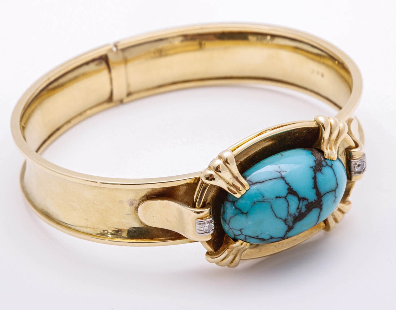 A Turquoise Diamond Yellow Gold Hinged Bangle