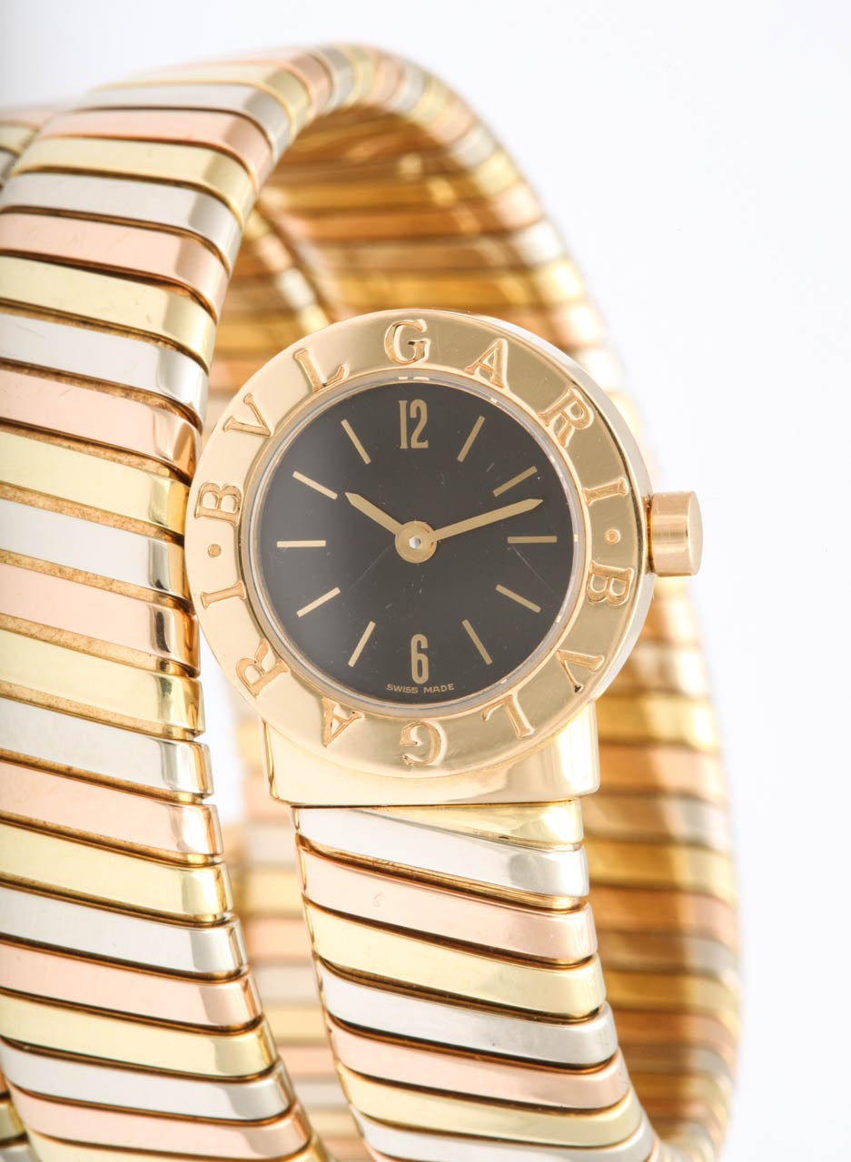 Bulgari Lady's Three-Color Gold Tubogas Serpenti Bracelet Watch In Excellent Condition For Sale In New York, NY