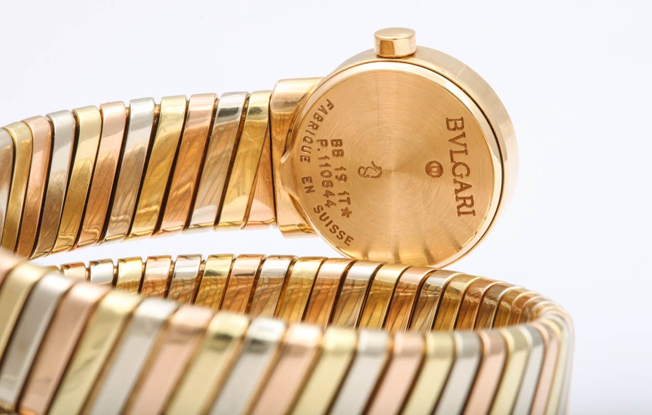Bulgari Lady's Three-Color Gold Tubogas Serpenti Bracelet Watch For Sale 1