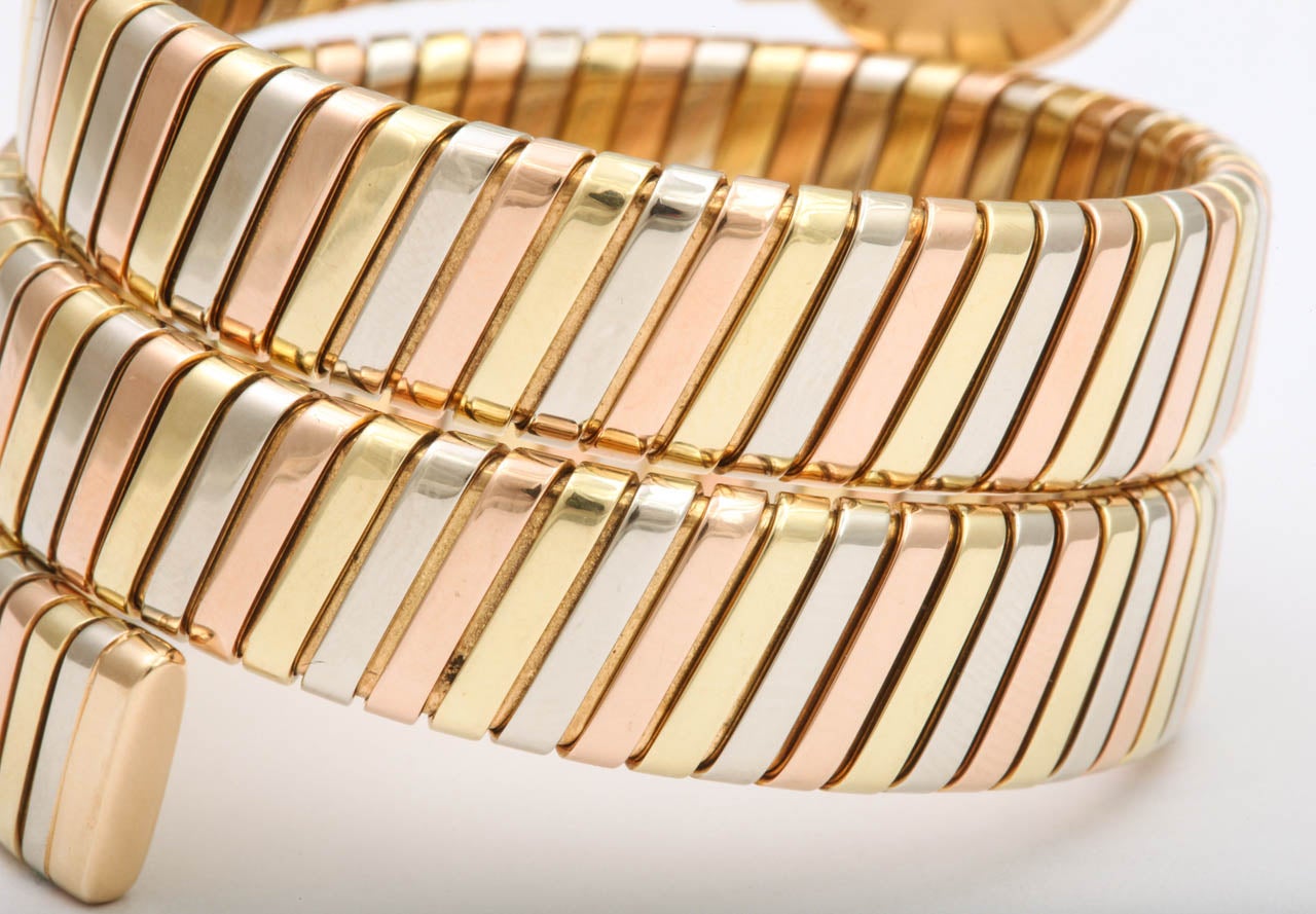 Bulgari Lady's Three-Color Gold Tubogas Serpenti Bracelet Watch For Sale 2