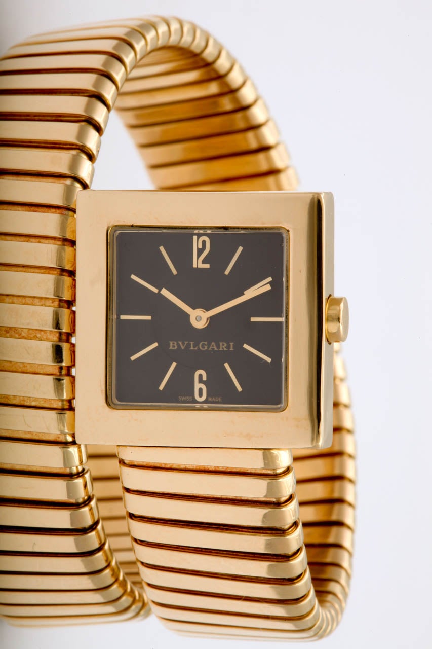 Bulgari Lady's Yellow Gold Tubogas Serpenti Bracelet Watch with Square Dial In Excellent Condition In New York, NY