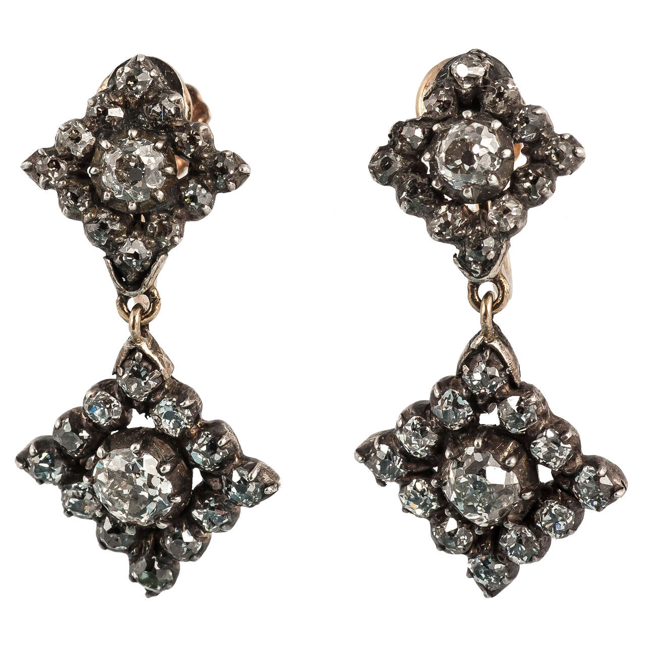 Georgian Foiled Lozenge Shaped Diamond Gold Earrings For Sale